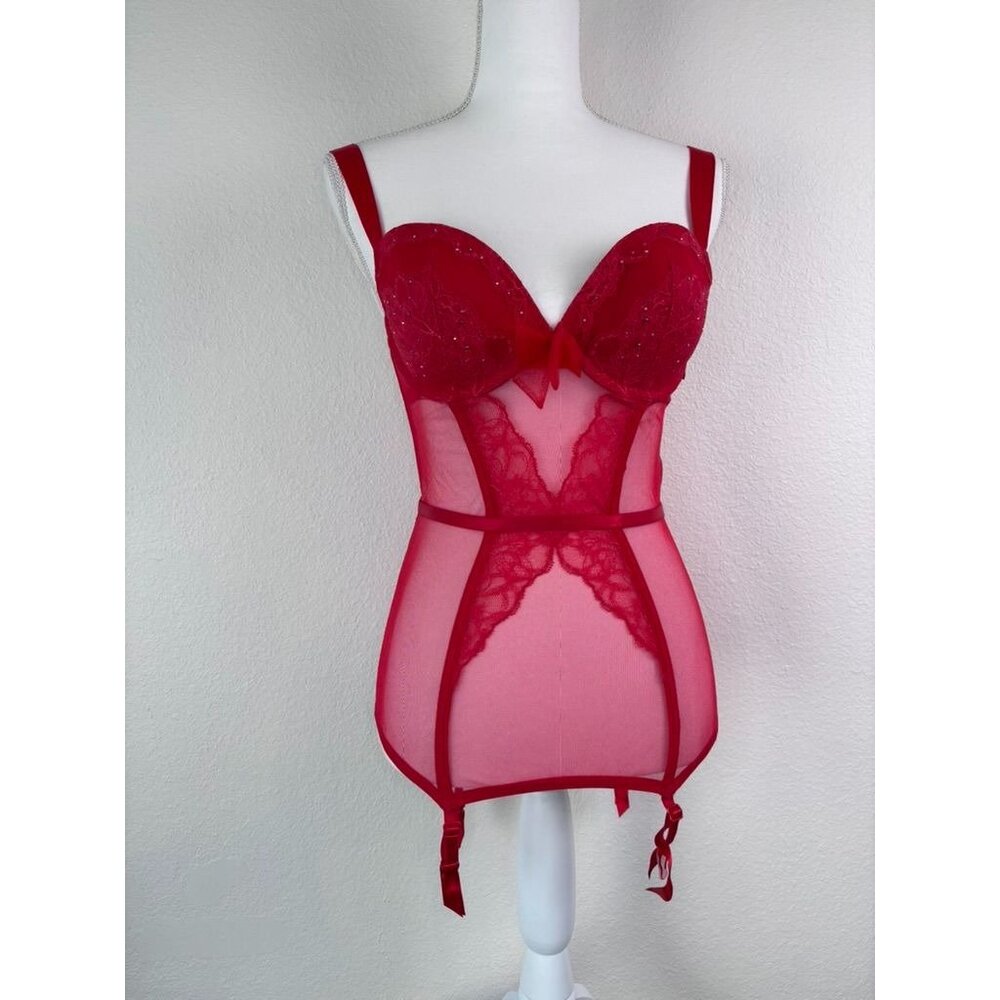 Victoria's Secret 34D red lace sheer corset lingerie with garter clips underwire